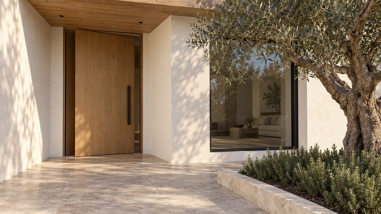 Ivory-plastered residence with an oak entry door, black-framed window, and olive tree beside the limestone path.