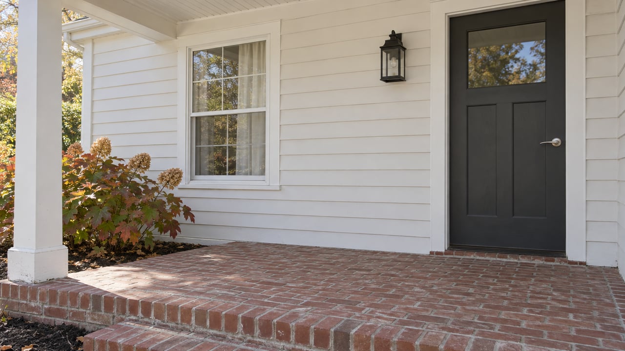 White-sided home entry with a charcoal door, brick porch paving and autumn oakleaf hydrangea.