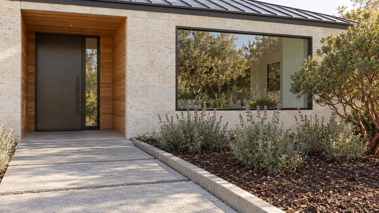 Contemporary home entry with cedar siding, pale limestone, a dark door, and sculptural manzanita beside a concrete approach.