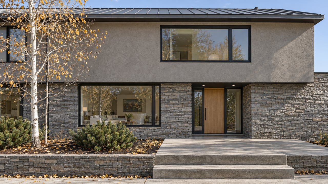 Contemporary stone-and-stucco residence with a pale wood entry door, broad windows and a mostly bare aspen beside concrete entry steps.