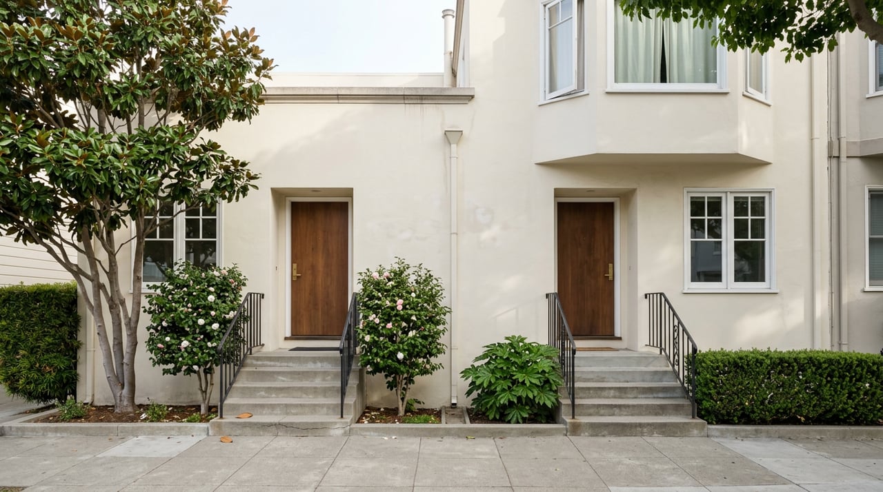 Two walnut entry doors and concrete steps on a cream stucco residence, framed by flowering camellias and magnolia leaves.