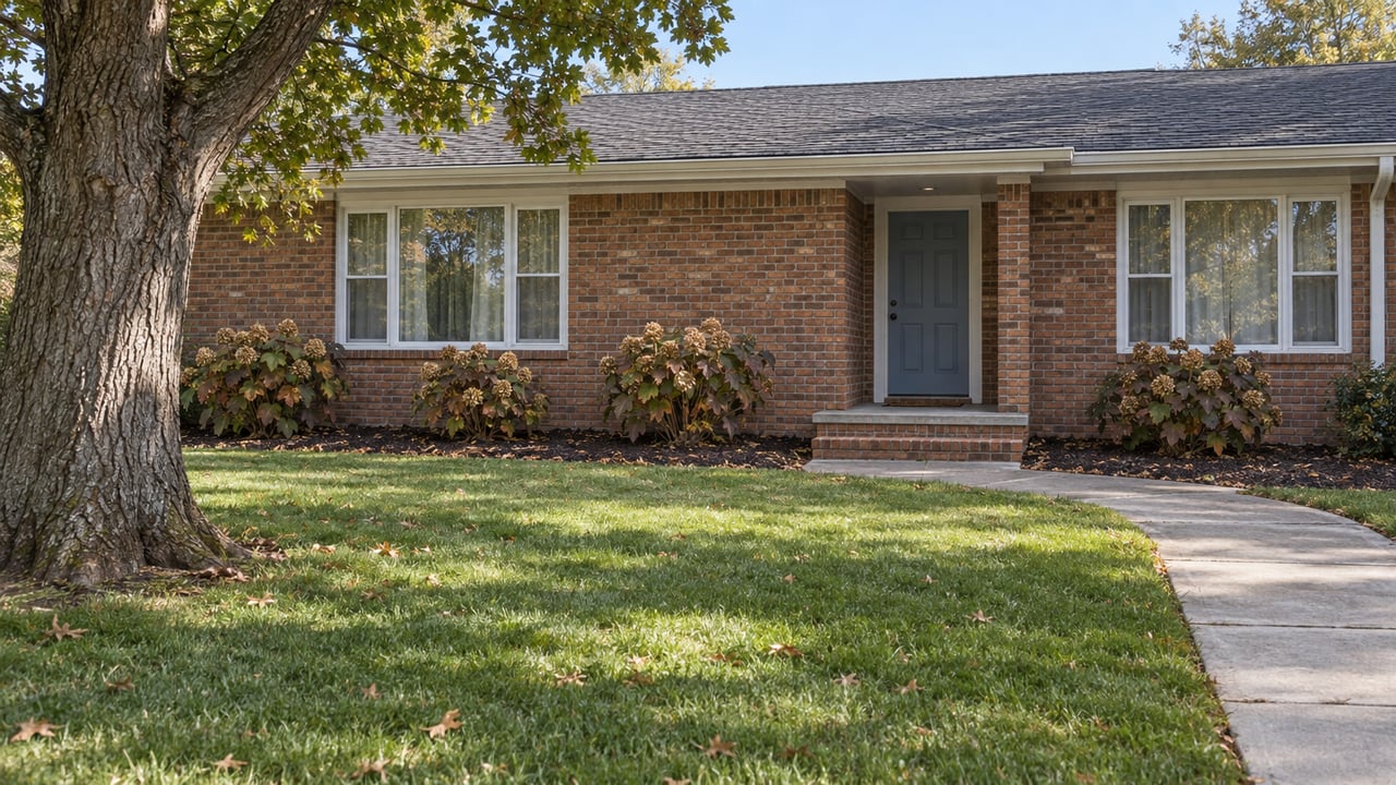 An established red-brick ranch with white windows, a blue-gray front door, and a deep lawn beneath a mature white oak.