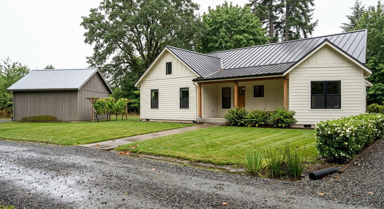 Wet gravel driveway and meadow lead to a white-sided house and weathered outbuilding beneath a dense tree line.