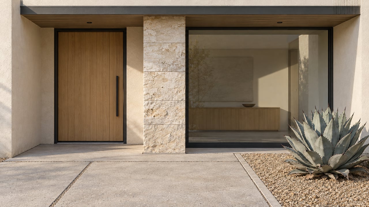 Warm afternoon light across a cream stucco and limestone entry, closed oak door, dark-framed glass and a blue-gray agave beside concrete paving.
