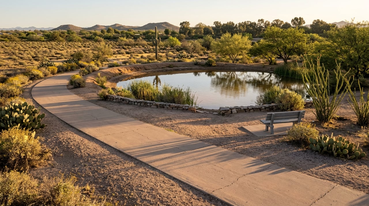 A curving desert trail leads toward a restored pond bordered by trees, shrubs, and a weathered bench.