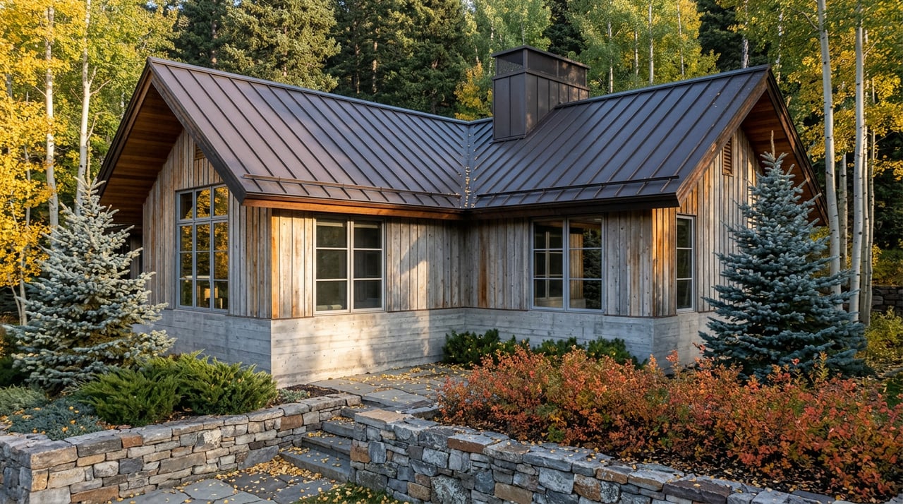 Alpine home with a dark metal gabled roof, cedar siding, stone retaining wall, and golden aspens.