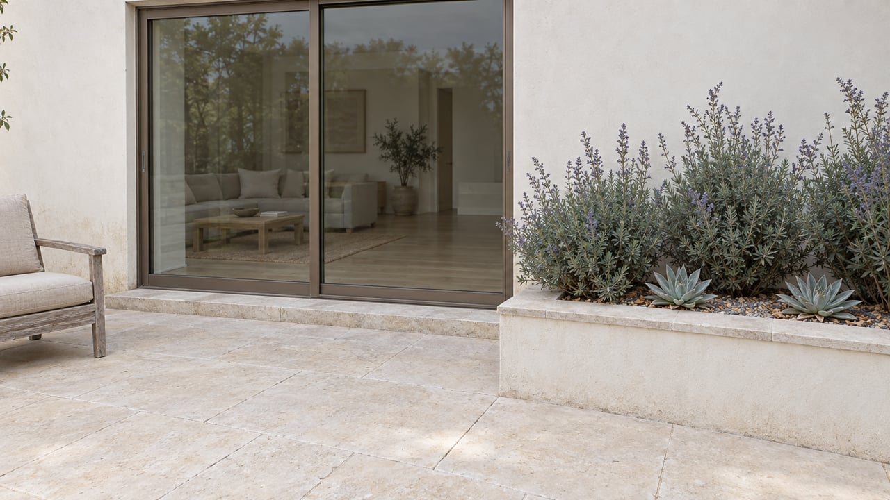 Pale plaster home with bronze-framed glass doors, limestone terrace, a weathered teak chair and a raised bed of flowering sage and succulent rosettes.