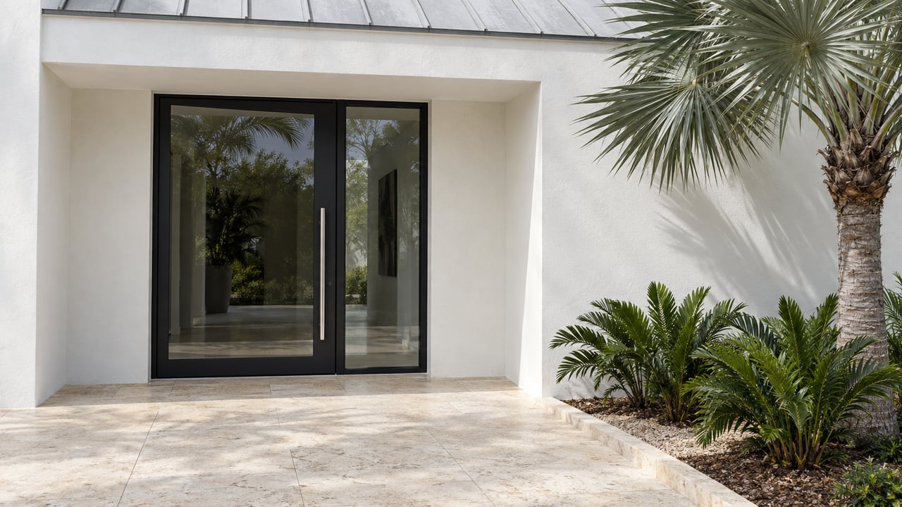 Sunlit white masonry entry with black-framed glazing, cream limestone paving, and a silver thatch palm.