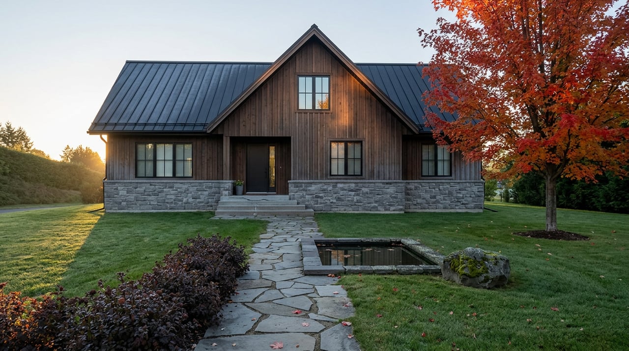 Dark cedar A-frame home on a deep lawn, with a winding flagstone path, reflecting pool, and scarlet maple.