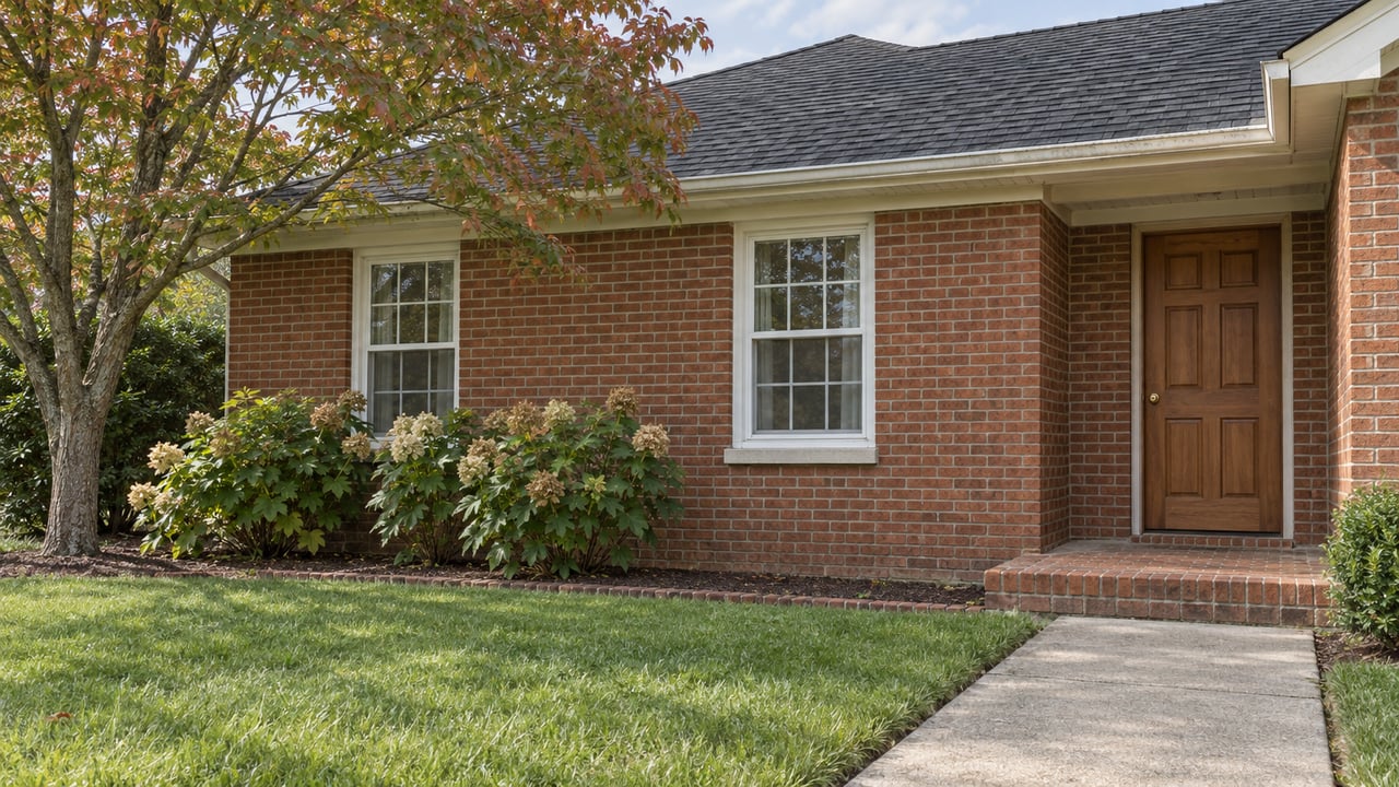 Brick home with white sash windows, a wooden front door, concrete walk and a flowering dogwood in the front yard.