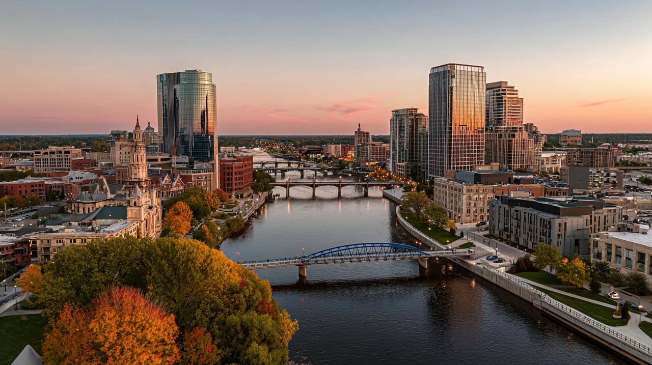 Downtown Grand Rapids and the Grand River at sunset, framed by autumn trees and crossed by several bridges.