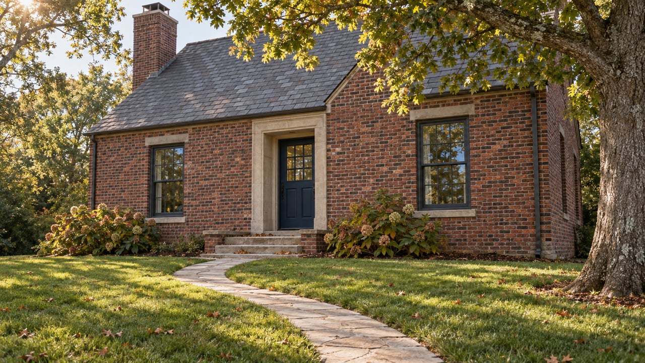 Brick home with a navy front door, limestone path, broad lawn, and oak canopy.