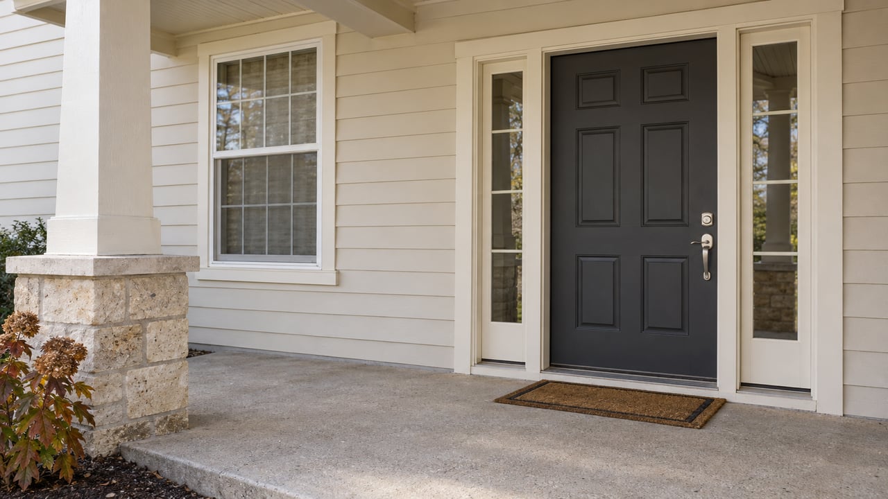 Covered home entrance with ivory siding, a charcoal door and matching sidelights, limestone porch pier, and russet oakleaf hydrangea beside a raised concrete landing.