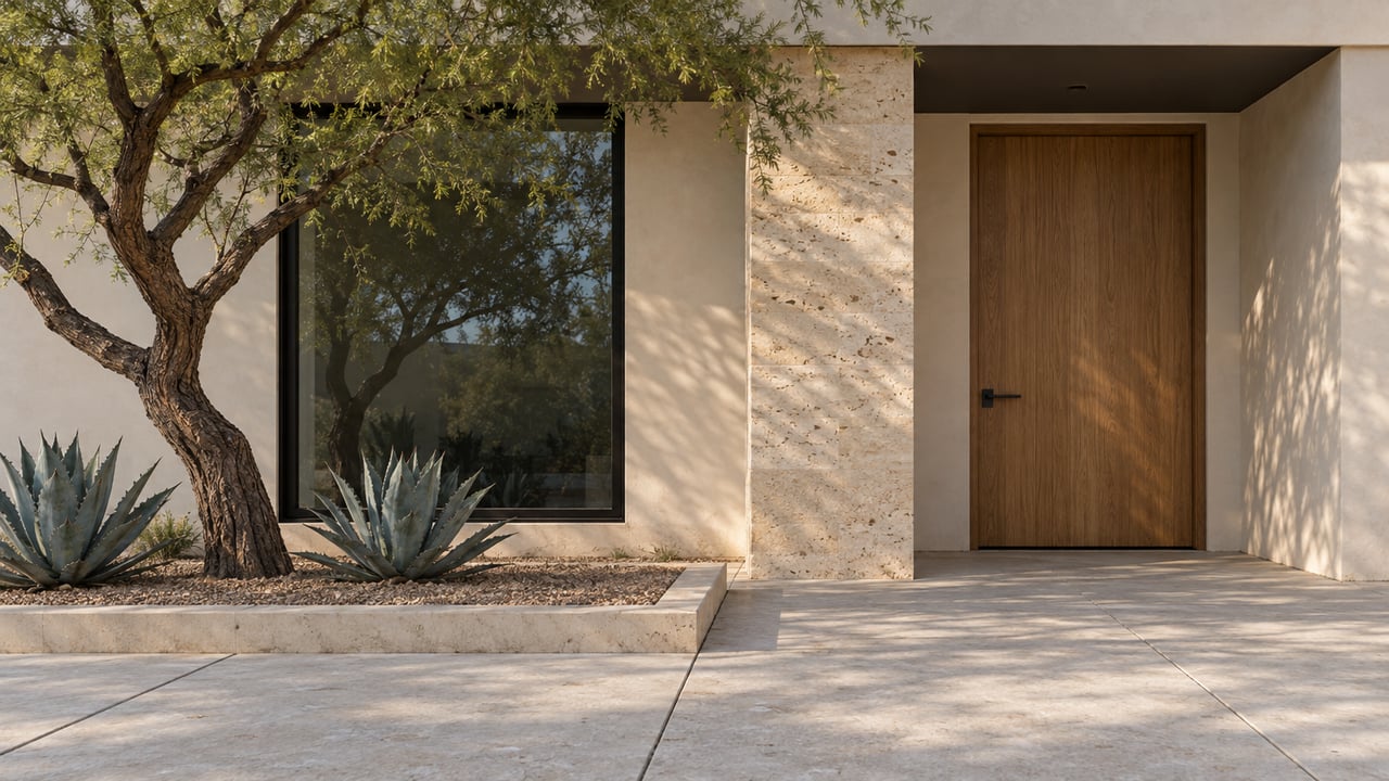 Stucco entry facade with black-framed window, recessed oak door, limestone pier, and desert plants in a paved court.