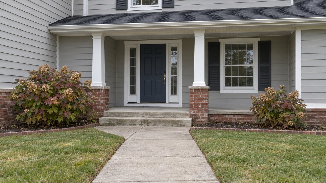 Covered entry of a light-gray traditional home with white columns, brick foundations, a navy door, and oakleaf hydrangeas beside a concrete walk.