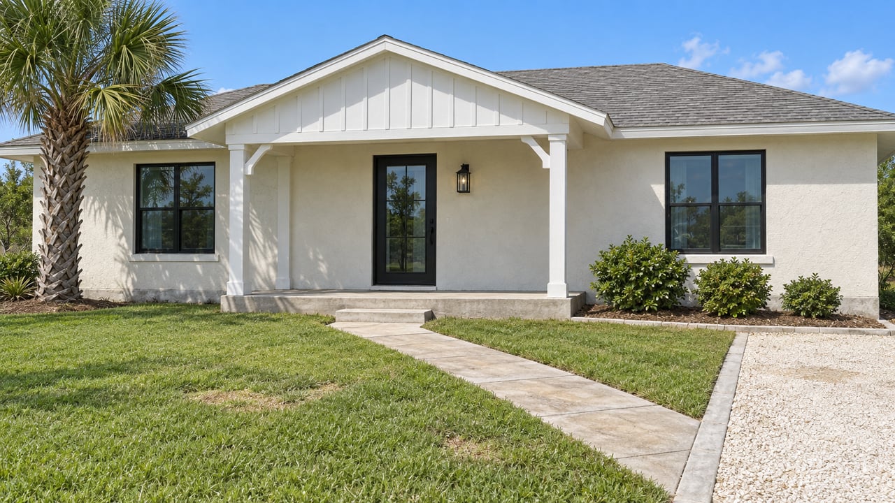 A cream stucco single-story home with a covered porch, black-framed windows, shell driveway and sunlit front lawn beneath a mature palm.