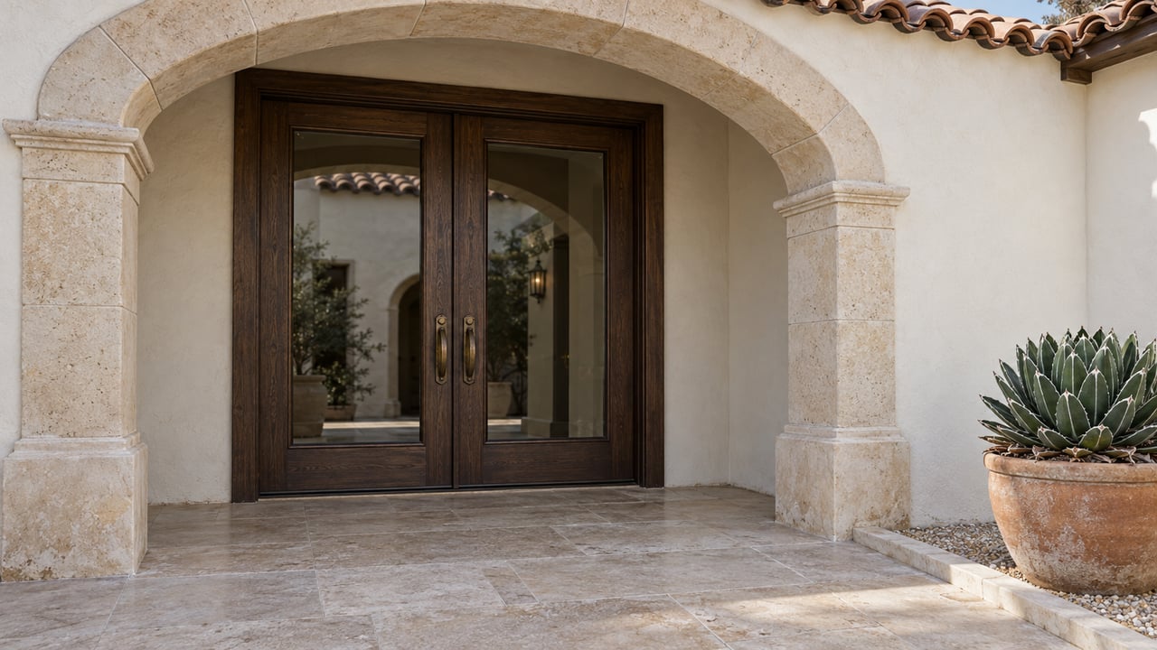 Sunlit limestone arch frames paired oak and glass entry doors beside a single potted agave on a stone terrace.