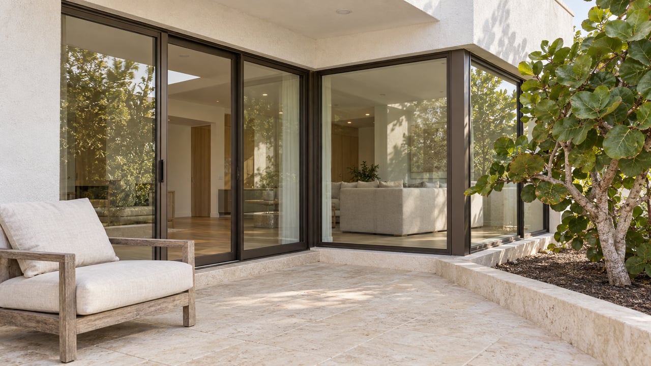 Shaded limestone terrace with a teak lounge chair, white stucco overhang, bronze-framed glass doors and a single sea grape tree.