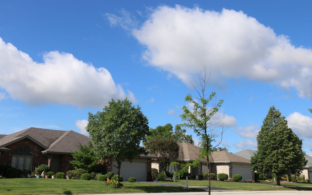 Single-story homes along a leafy residential street beneath a bright blue, cloud-filled sky.