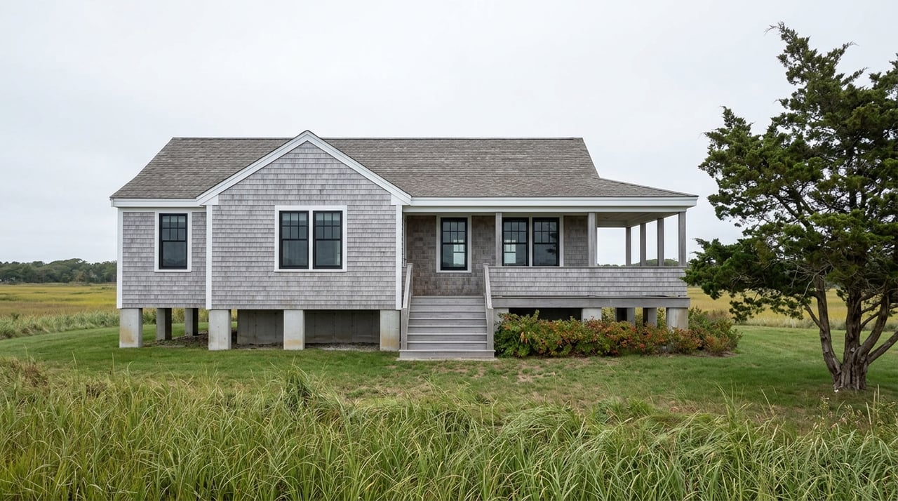 Shingle-sided coastal house on concrete piers beyond a broad tidal marsh, with a wooden stair and juniper tree.