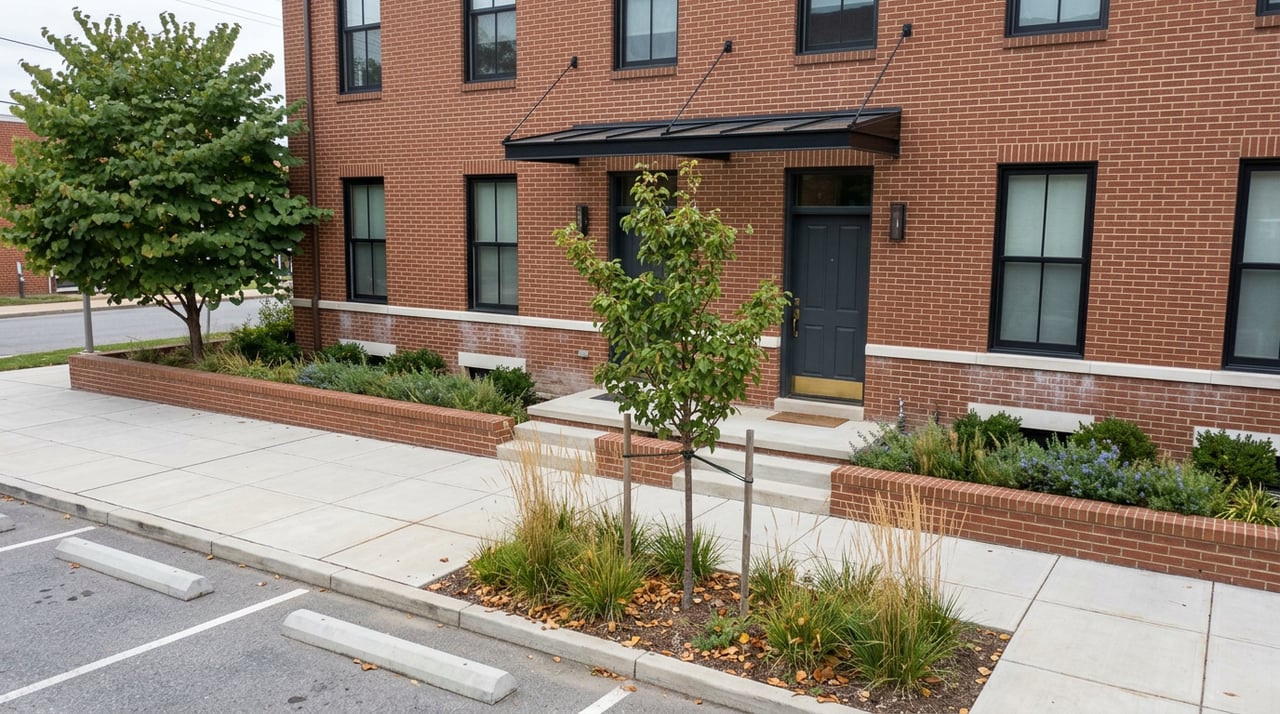 Brick rowhome facade with a young staked tree and grasses beside the sidewalk, beneath a mature tree canopy.