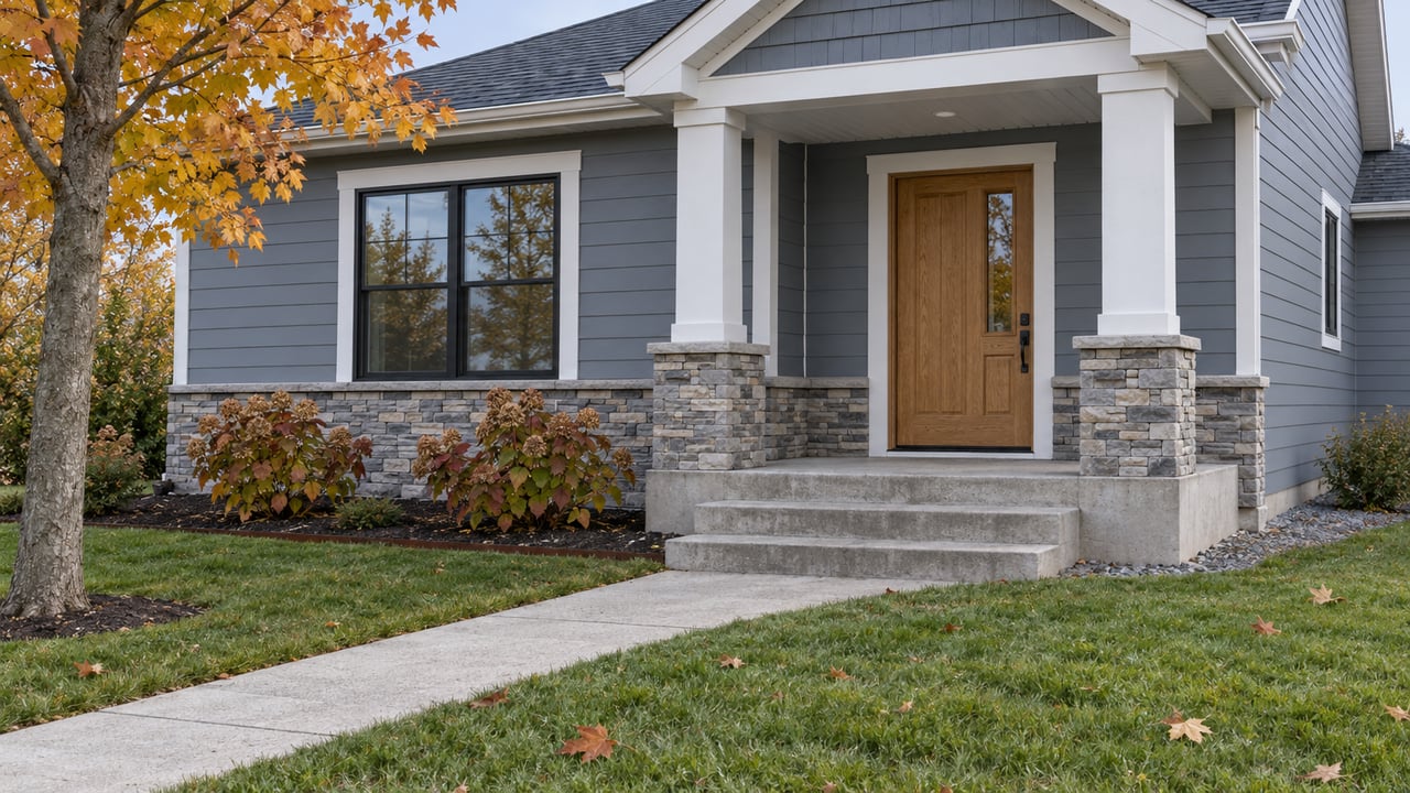 Blue-gray gabled home with an oak front door, stone porch bases and an autumn maple beside a concrete approach.