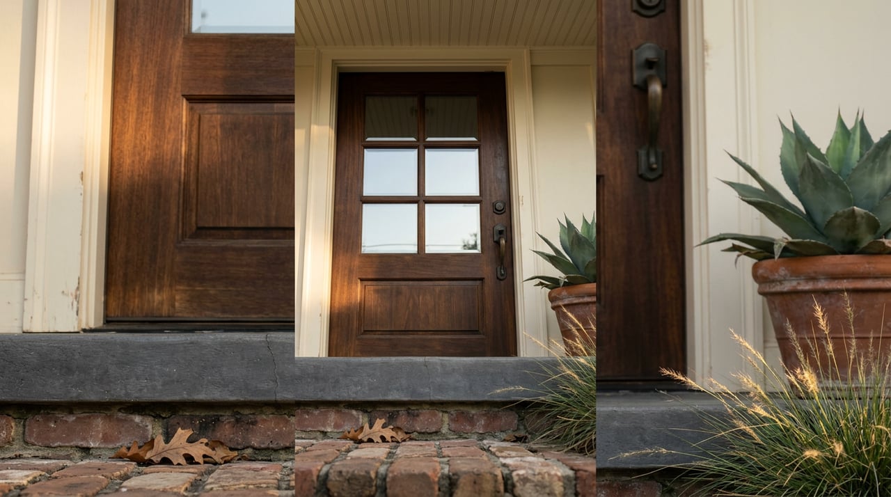 Stained wood door with divided-light glass and bronze hardware above brick pavers, beside a potted agave.