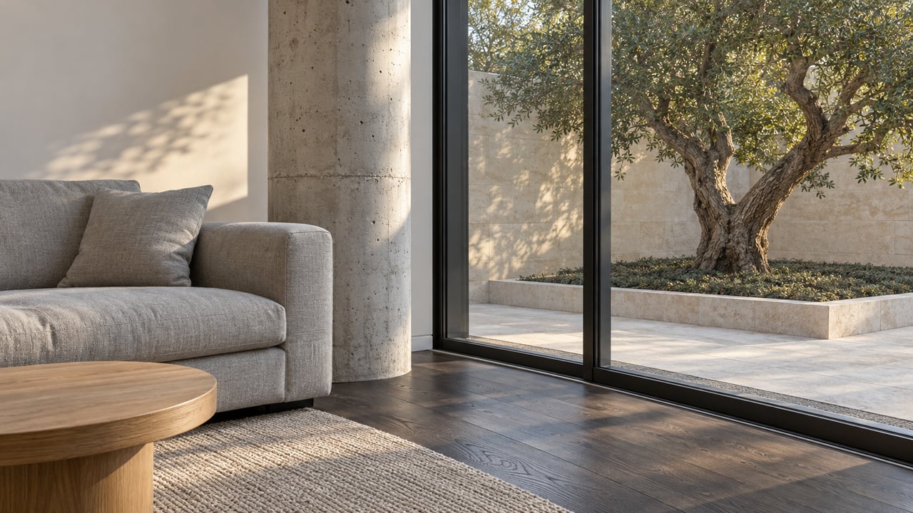 Sunlight crosses a concrete column, gray sofa and dark oak floor beside full-height glass overlooking a limestone courtyard and mature live oak.