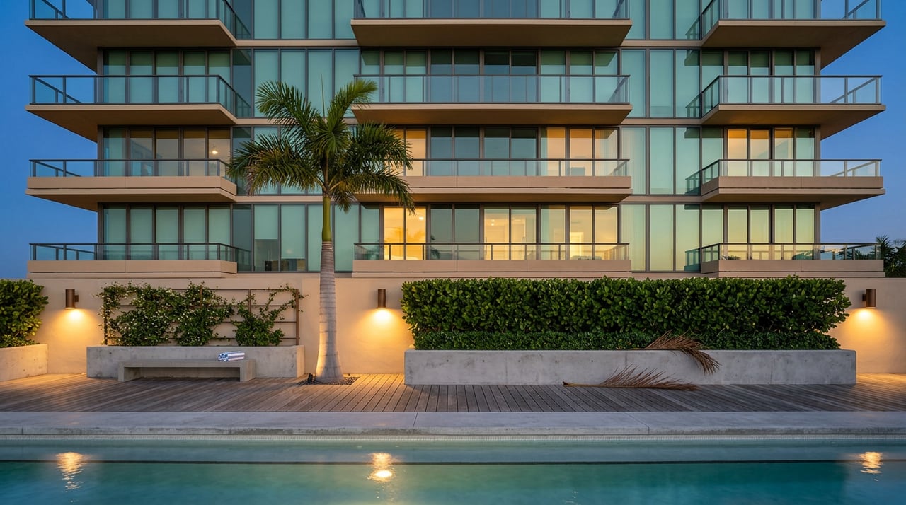 Glowing condominium tower rises behind a pool, with a royal palm and clipped hedges.