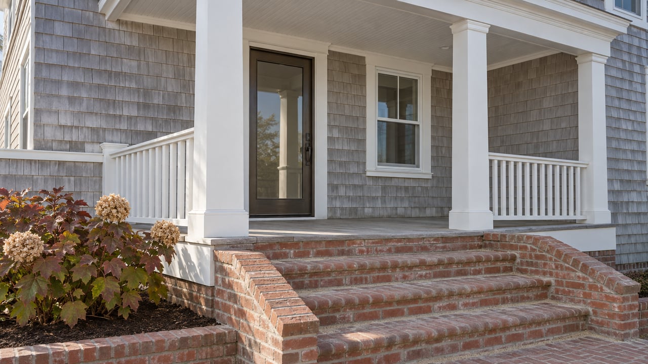Raised coastal house porch with weathered gray cedar shingles, white timber columns, brick steps and an autumn oakleaf hydrangea.