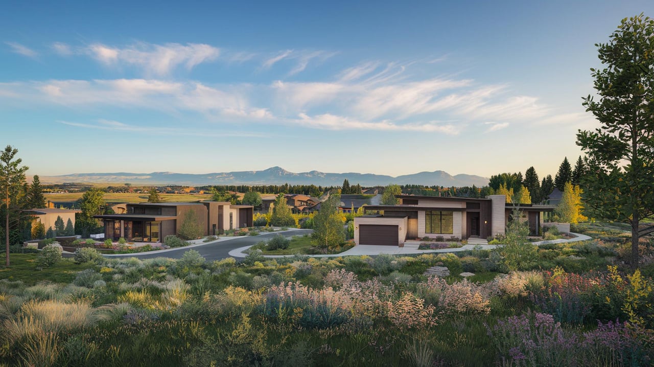 Modern single-story homes amid landscaped gardens, with distant mountains beneath a blue, cloud-streaked sky.