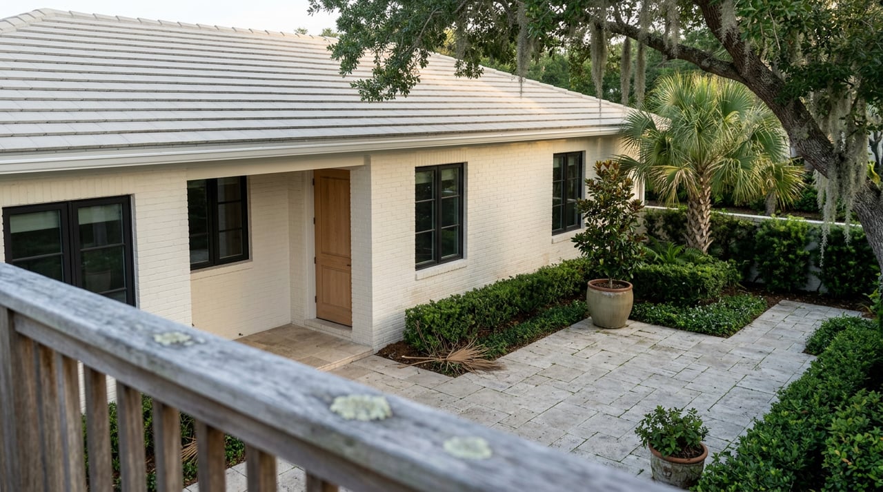 Oyster-white brick home with an oak entry, shell-stone courtyard paving, and magnolia beneath a live oak.