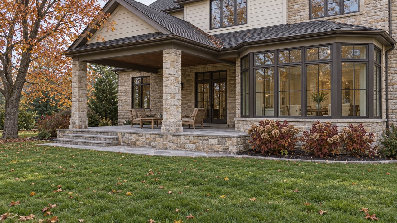 Late-autumn garden outside a limestone-clad home with dark-framed bay windows, a covered stone terrace, and copper-colored maple foliage.