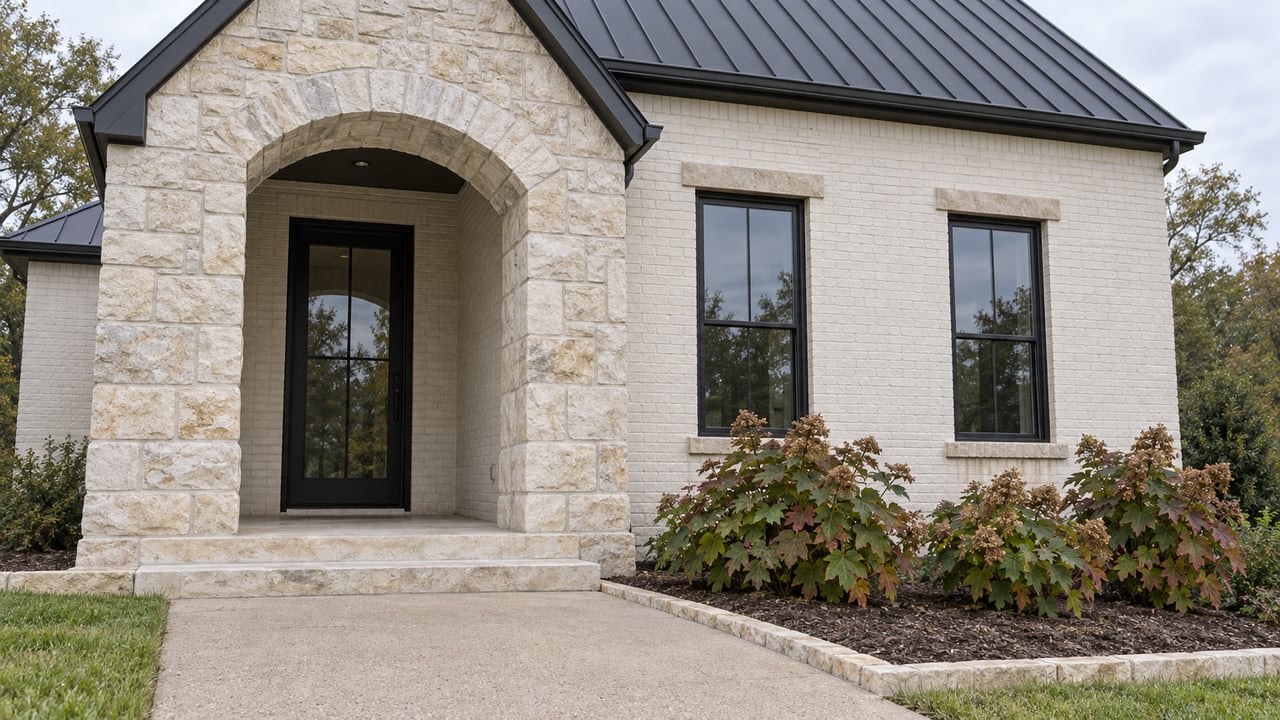 Cream limestone entrance arch beside white painted brick and tall black-framed windows, with oakleaf hydrangeas edging the concrete approach.