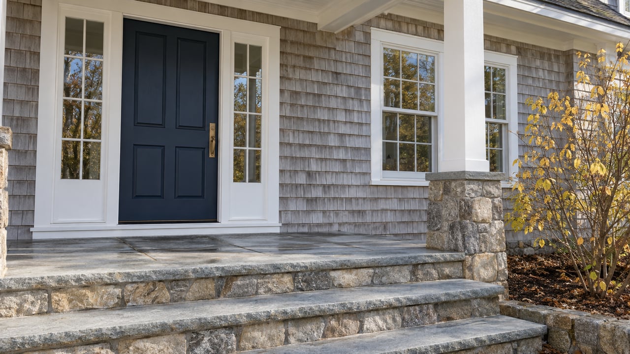 A cedar-shingle home's navy front door and paired sidelights above broad stone steps, with yellow witch-hazel leaves beside the porch.
