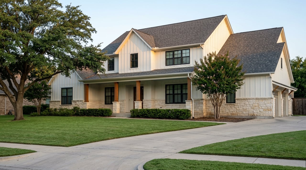 Modern farmhouse with a limestone base, white board-and-batten siding, and a broad lawn beneath a live oak.