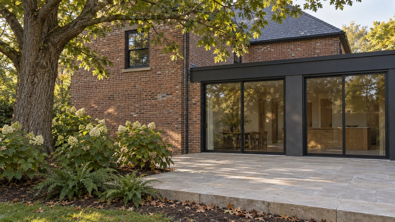 Brick house with a glass addition beside an oak tree, overlooking a stone terrace and planted bed.