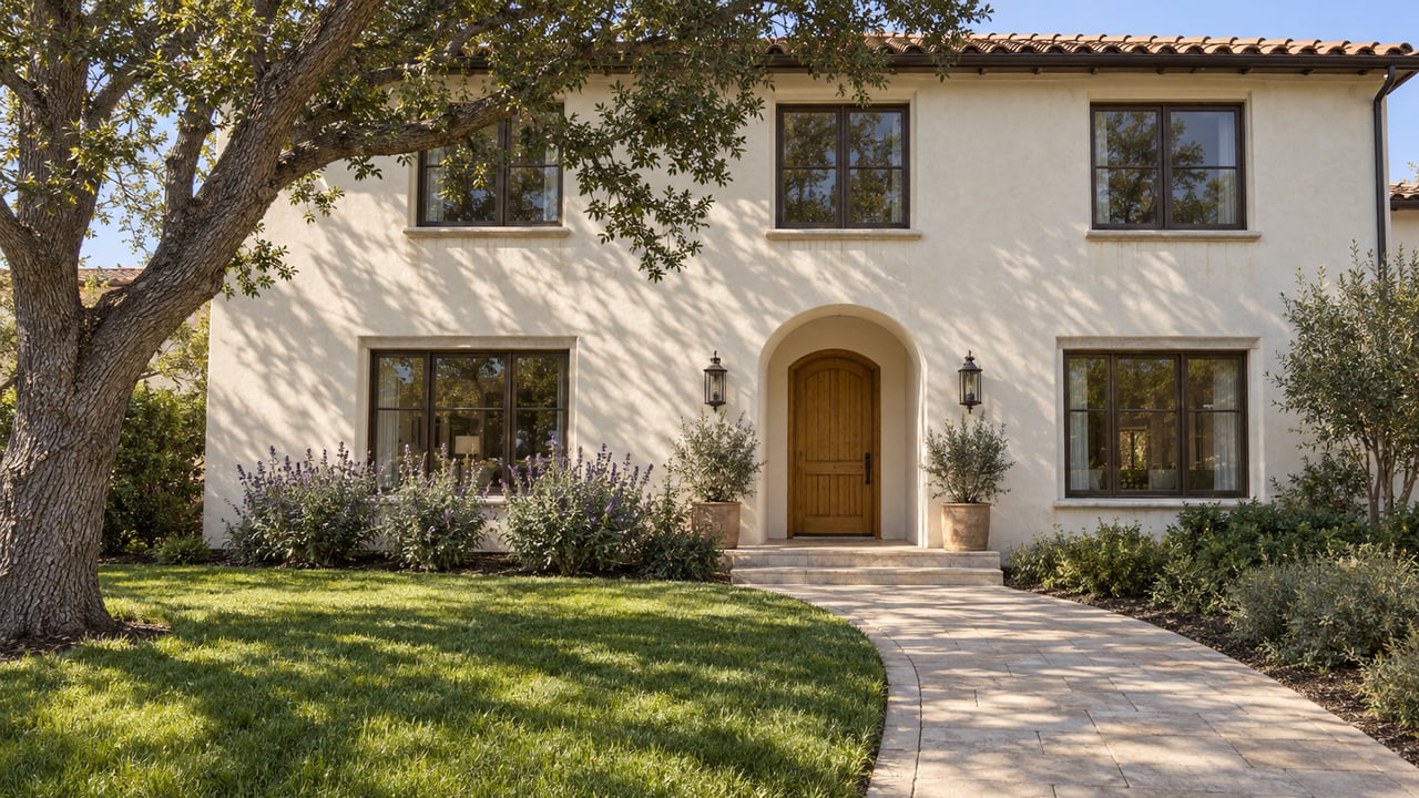 Morning light across an ivory stucco home with clay roof tiles, a recessed wood entry, lawn and a mature oak.