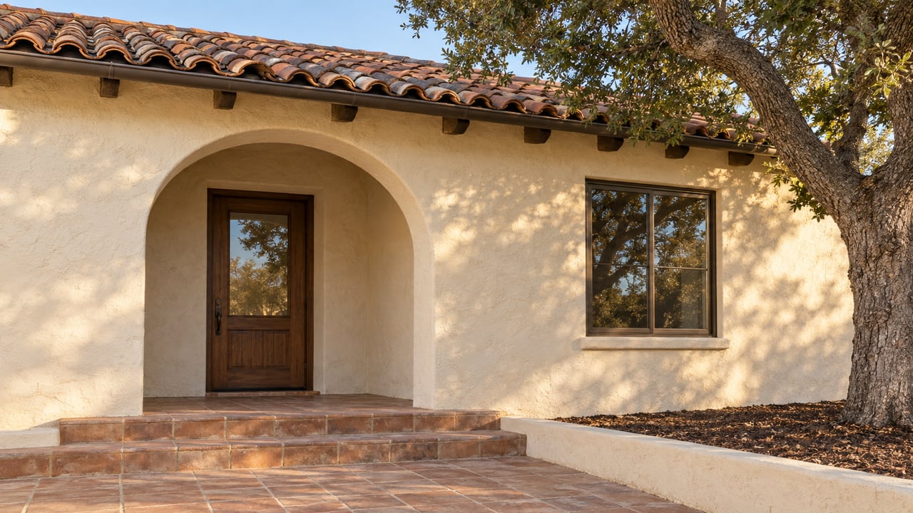 Stucco building entrance with an arched porch, dark wood door, and tiled steps beneath a red tile roof.