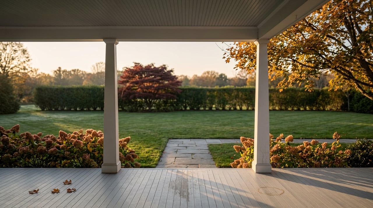 Front porch with white columns overlooking a bluestone path, clipped hedge, and red Japanese maple in autumn.