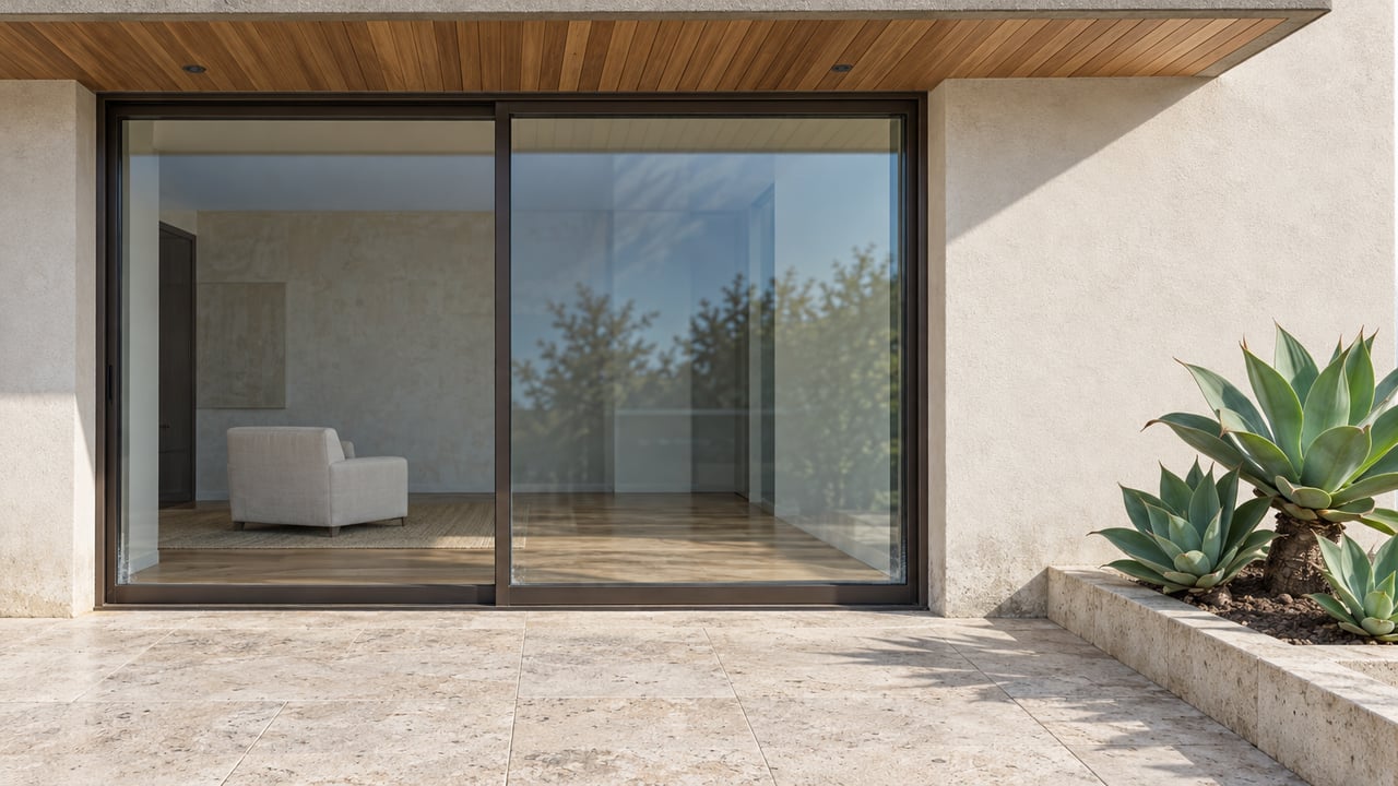 Sunlit limestone terrace beside ivory stucco and bronze-framed glass, with a cedar soffit and a single sculptural agave in a raised stone planter.