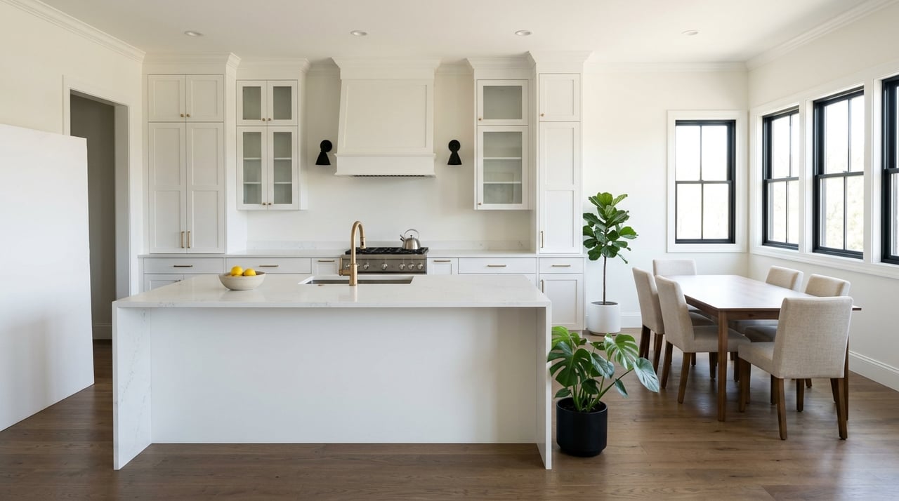 Transitional kitchen with shaker cabinets, a quartz waterfall island, brass fixtures, and black-framed windows.