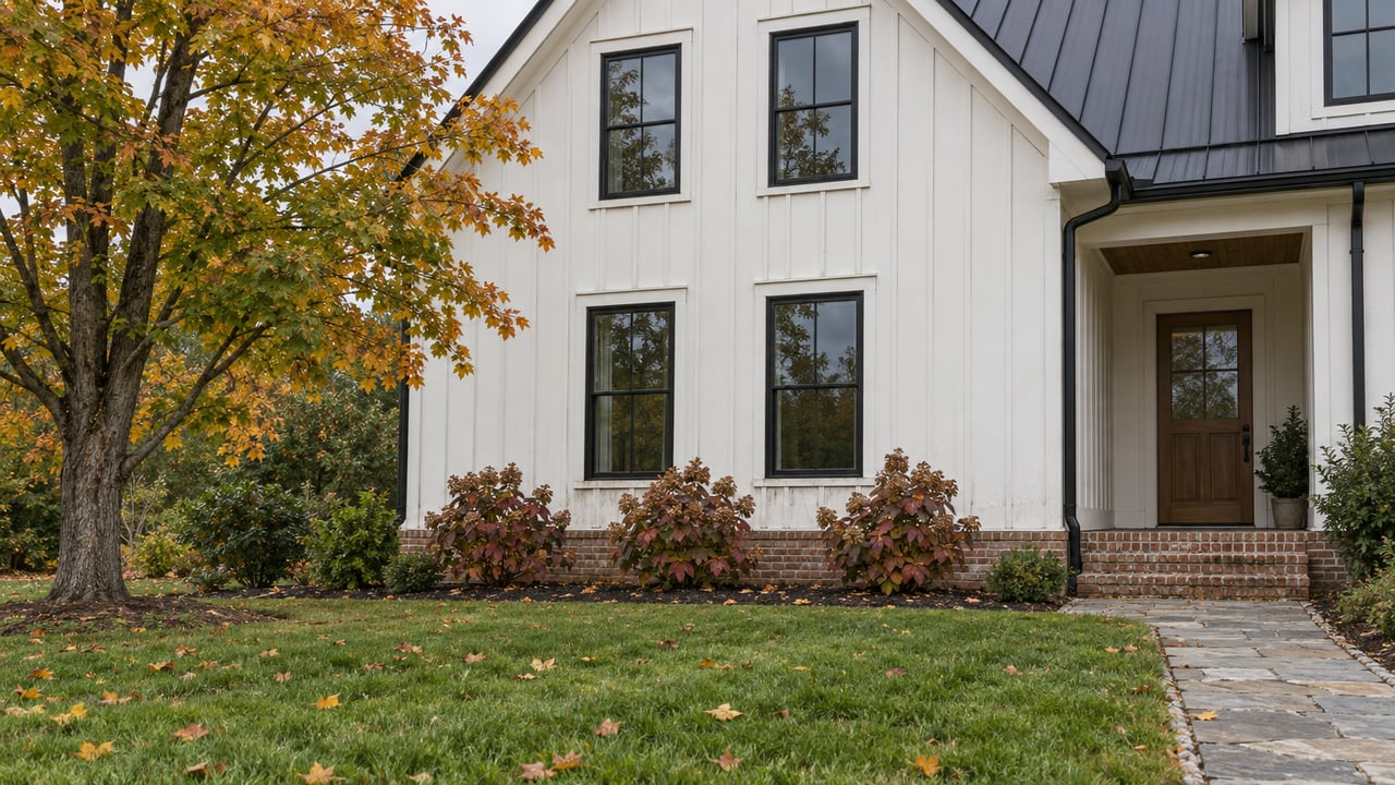 White board-and-batten home with a dark metal gable roof, brick entry steps and an amber maple above a green front lawn.