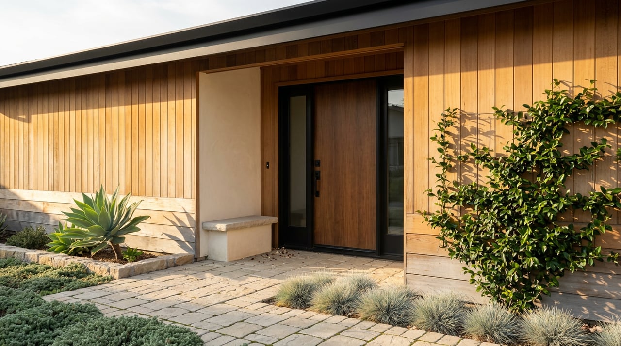 Recessed walnut entry with cedar siding, limestone walkway, agave, and climbing star jasmine.