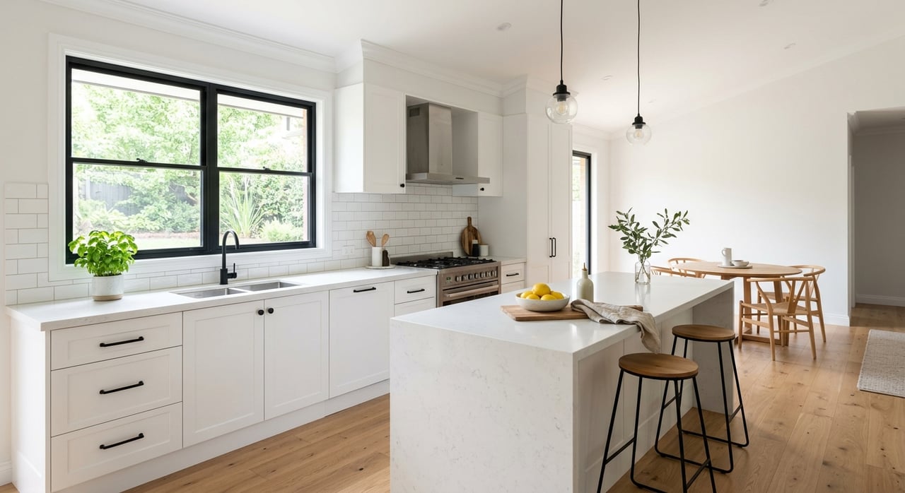 White shaker kitchen island with a ceramic bowl, linen towel, and olive tree beside a black-framed window.