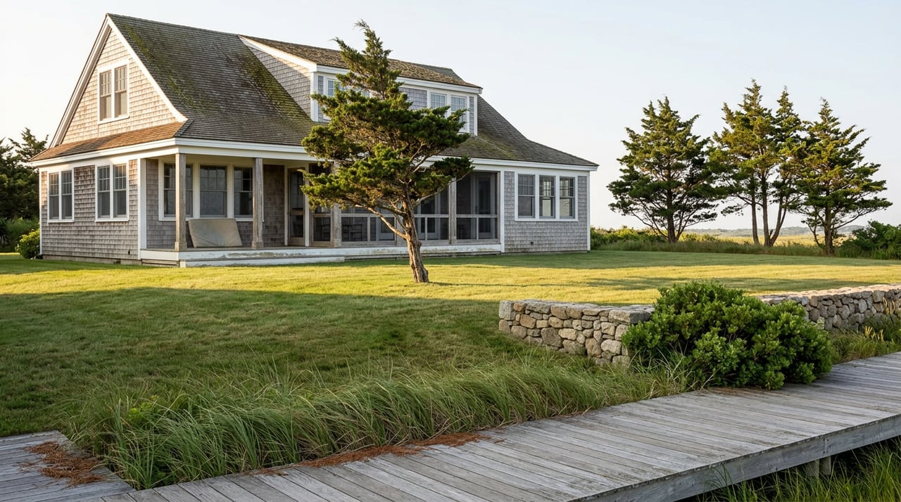 Shingle-style coastal home beyond a broad lawn, with a cedar tree, fieldstone wall, and marsh grass along a boardwalk.