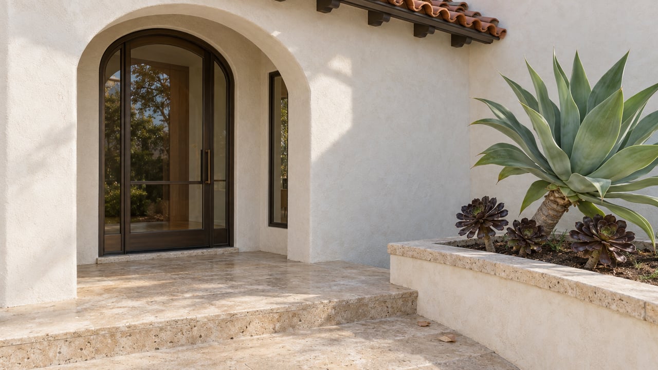 Arched stucco entry with a dark glass door, limestone steps, and an agave beside three rosettes.