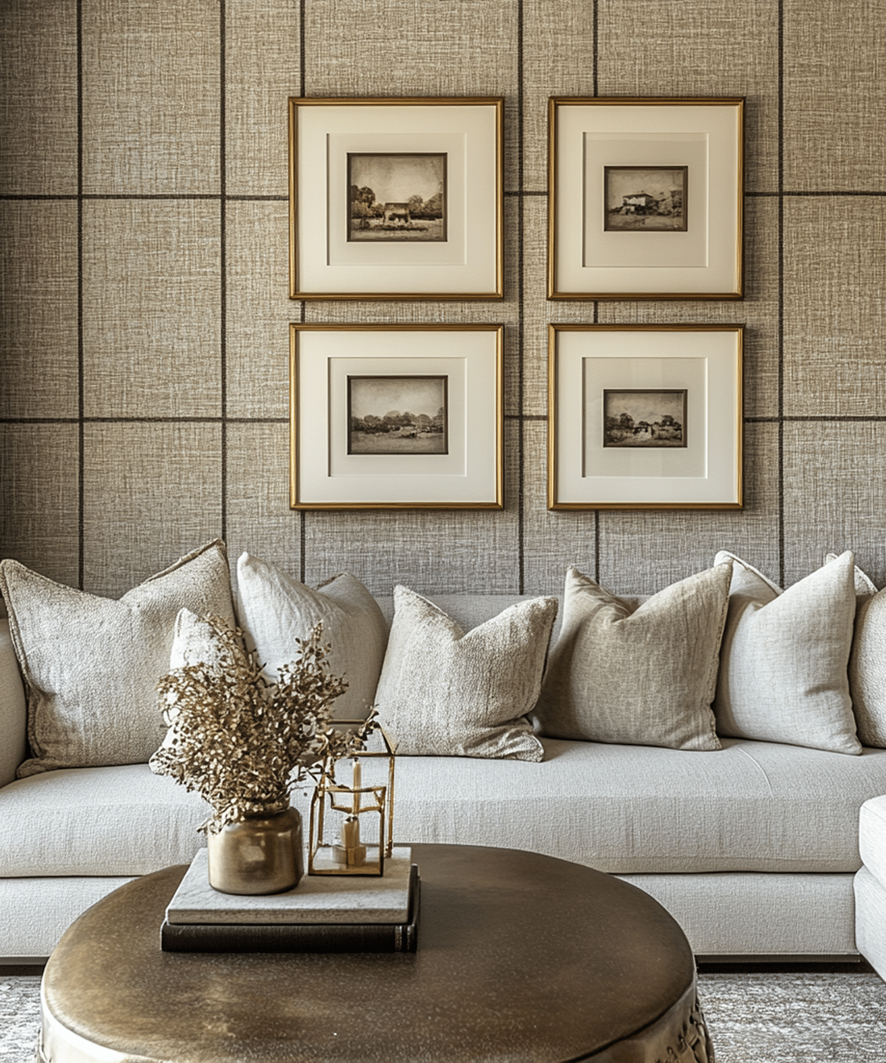 Living room with a cream sectional, four framed prints, and a round coffee table with dried foliage.