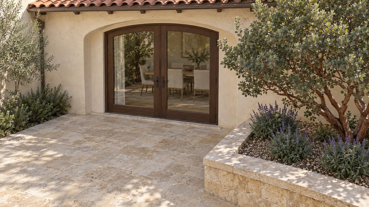 Cream stucco home with paired glazed wood doors, a worn limestone courtyard and sculptural manzanita in a raised stone planting bed.
