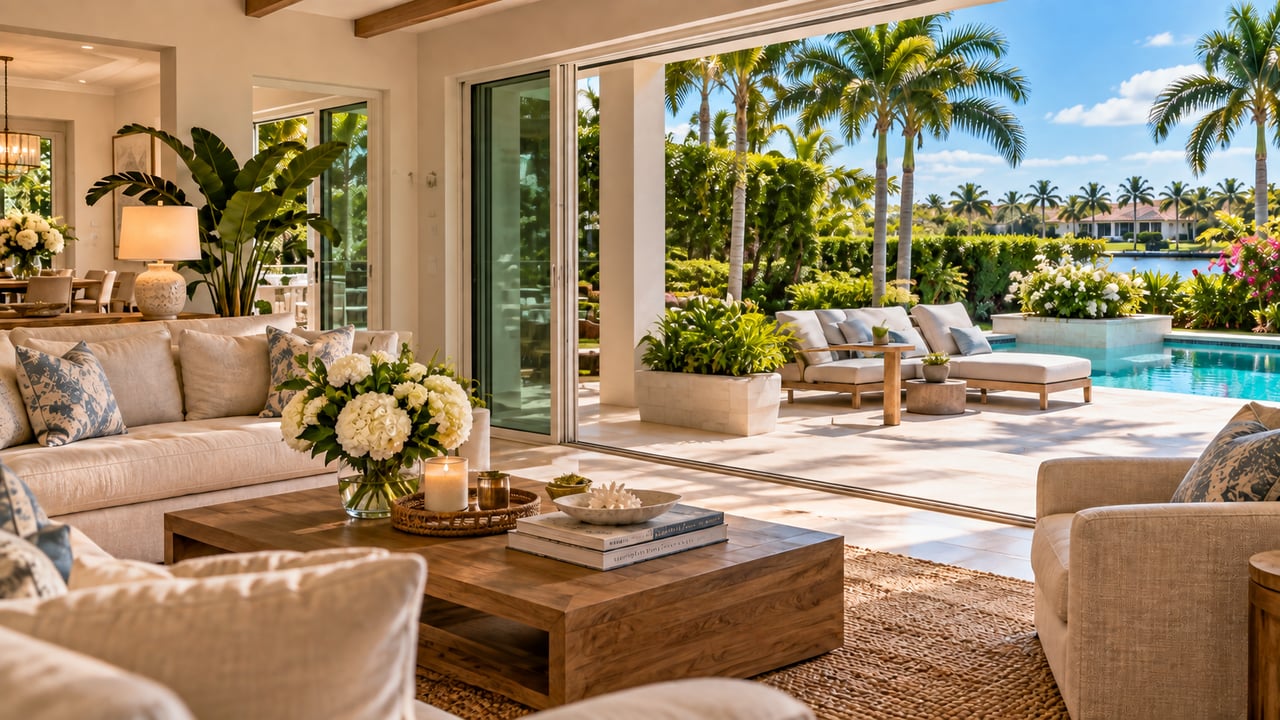 Illustration of a bright Florida living room opening onto a palm-lined pool terrace.